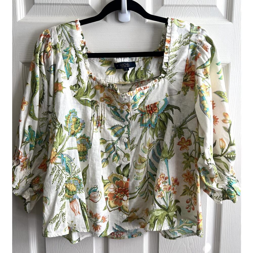RACHEL ROY Women’s Linen Blend Tropical Floral Button Front Blouse Top Sz S